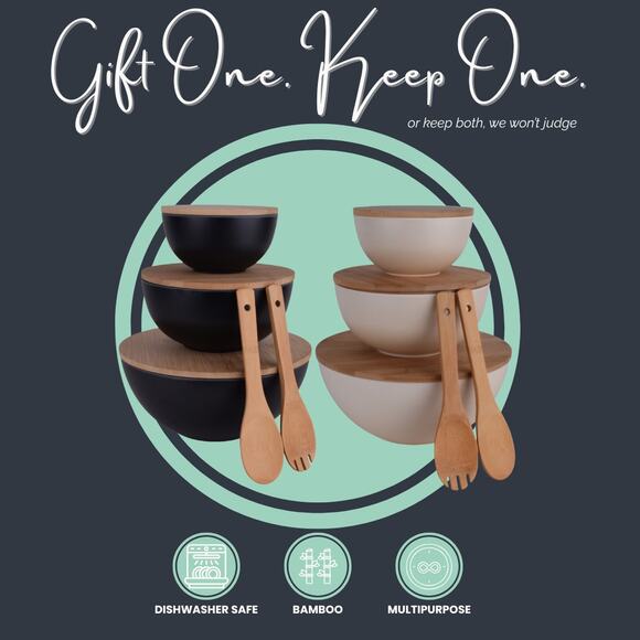 Bamboo Serving Bowl Set with Cutting Board Lids - TWO SETS - Picture 1 of 6